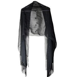 Vintage Shawl Wrap Sheer Chiffon Embroidered Floral Pattern Fringe Hipster SEE